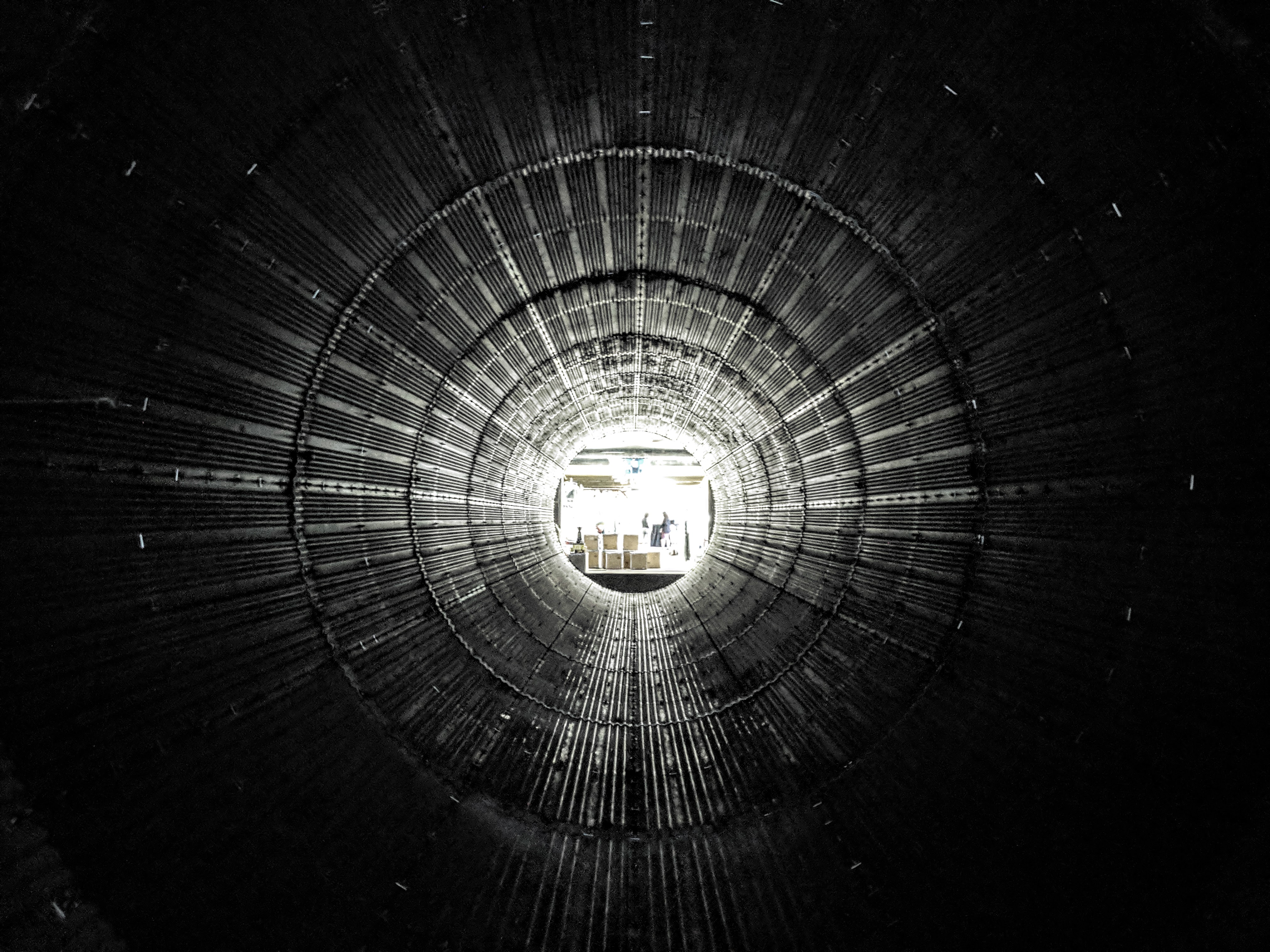 Looking down the test cell tunnel towards the test stand